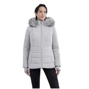 London Fog Faux Fur Trimmed Puffer Coat, Gray, Women's XL